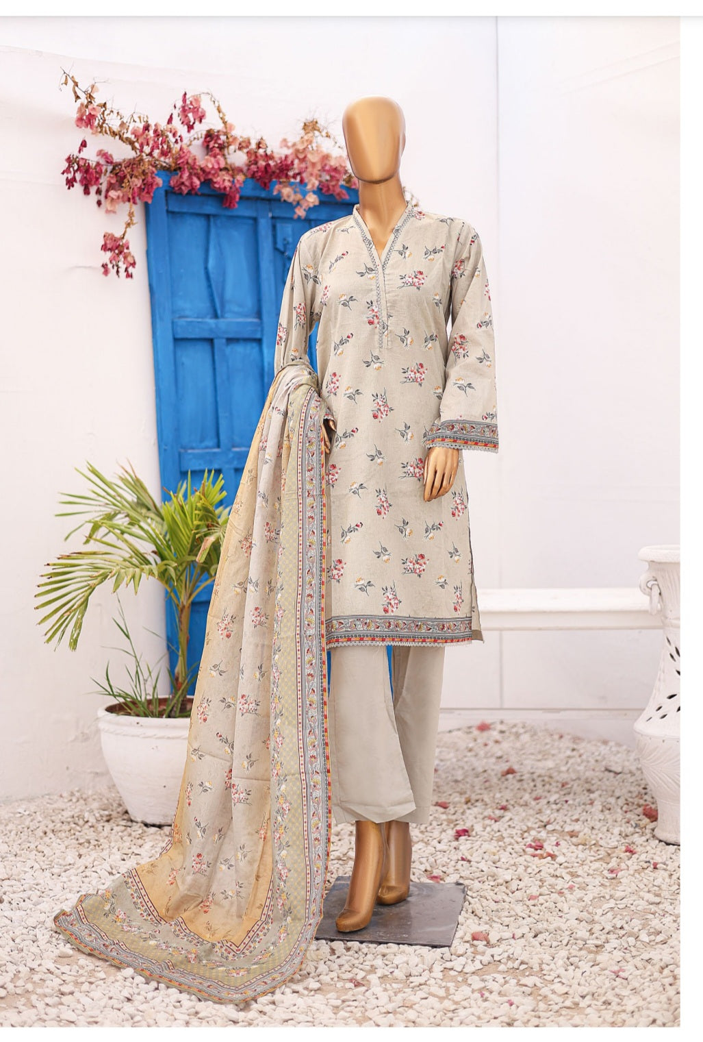 Three Piece Lawn Trouser Suit -Beige - Bin Saeed