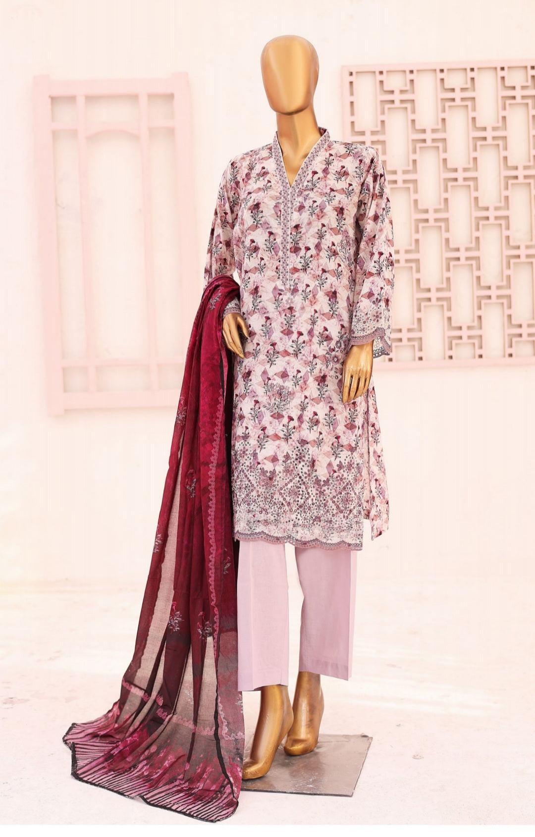 Three Piece Lawn Trouser Suit -Tea Pink - Bin Saeed