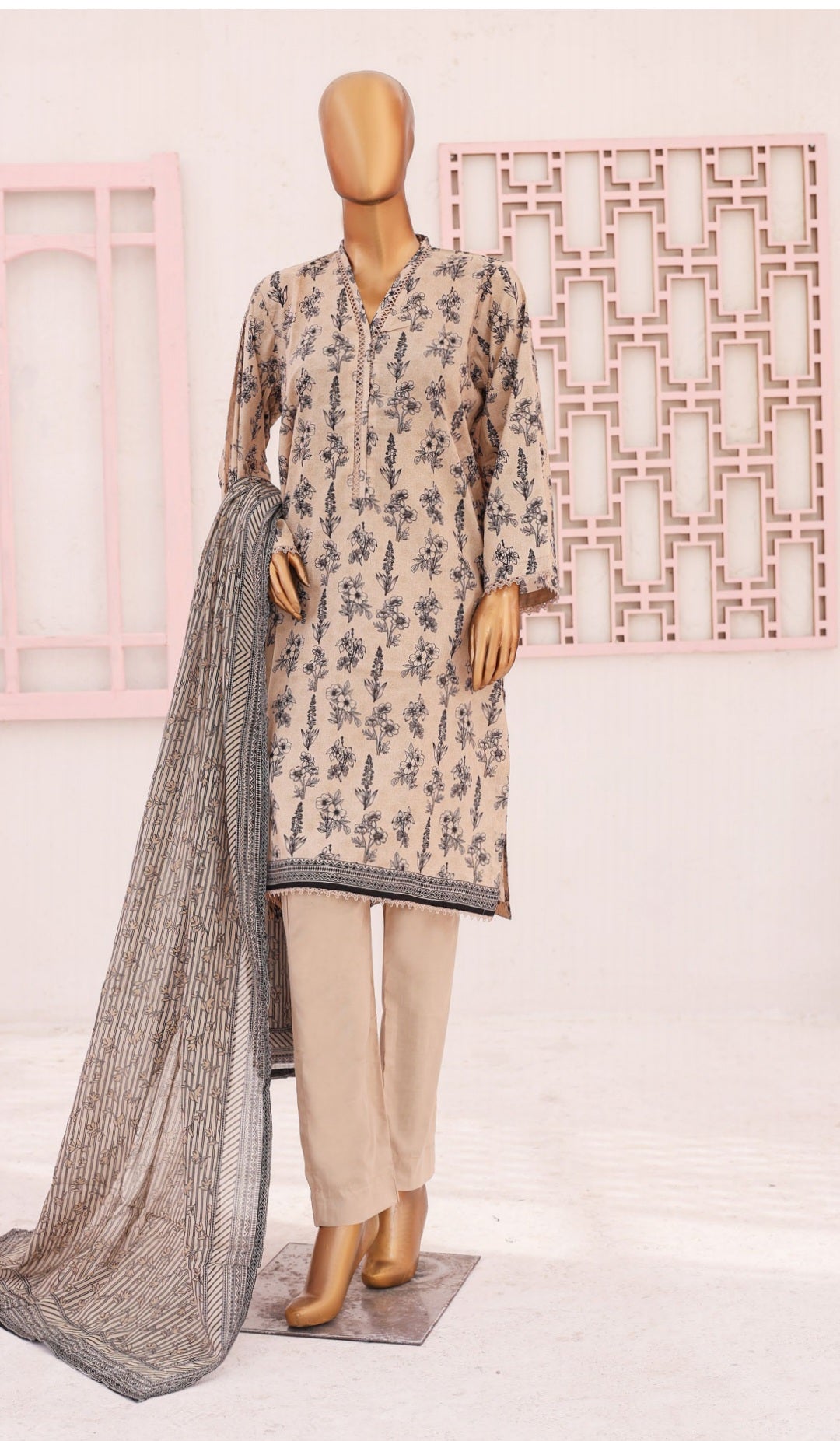 Three Piece Lawn Trouser Suit -Beige - Bin Saeed