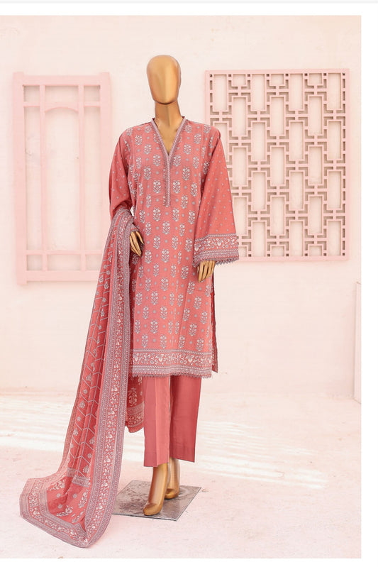 Three Piece Lawn Trouser Suite - Dusty Pink - Bin Saeed