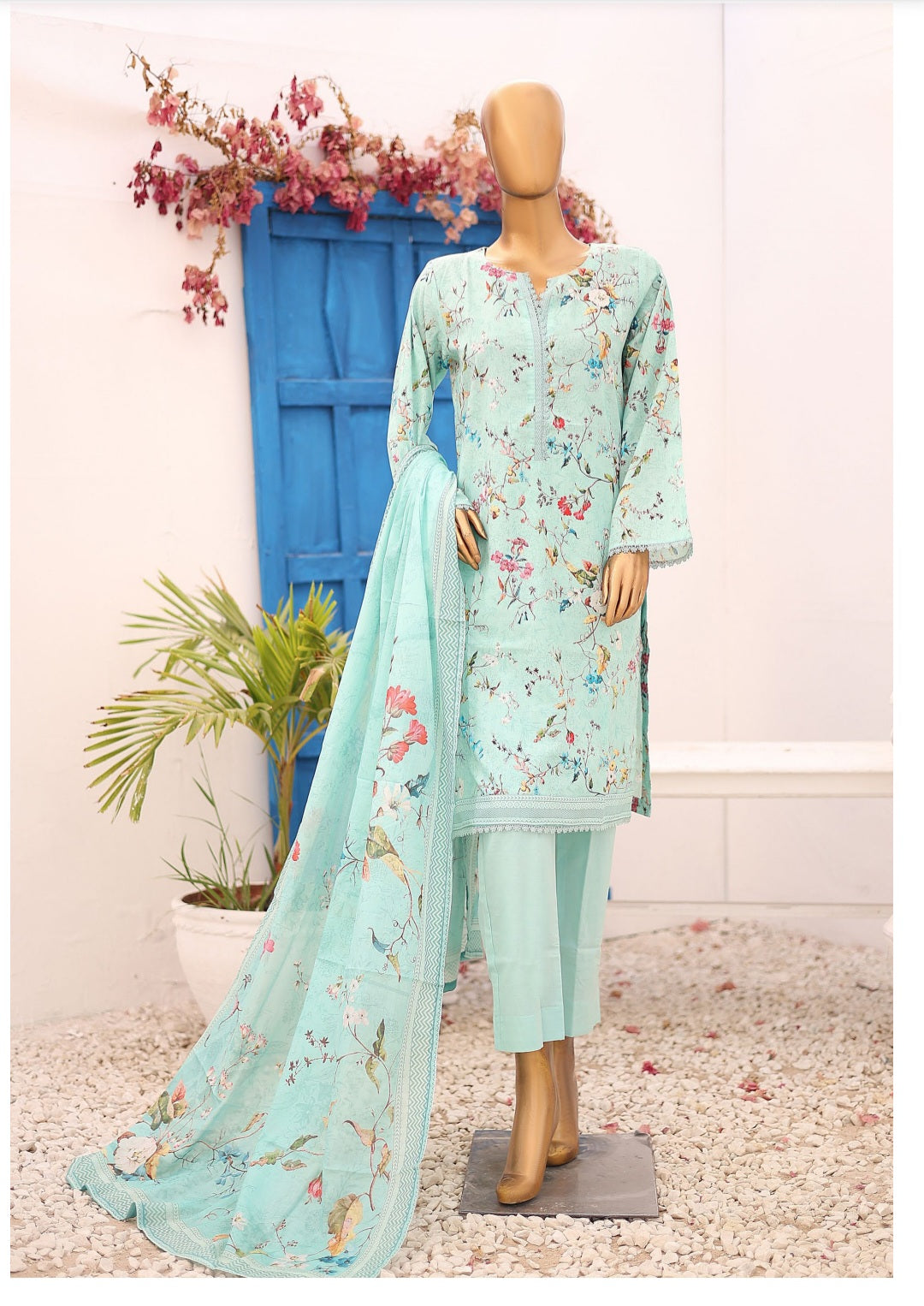 Three Piece Lawn Trouser Suit -Greenish Cyan - Bin Saeed (Copy)