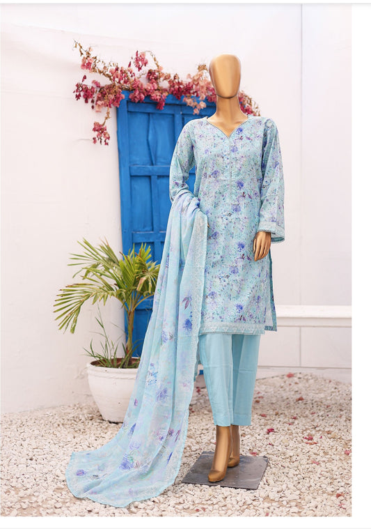 Three Piece Lawn Trouser Suit -Blue - Bin Saeed