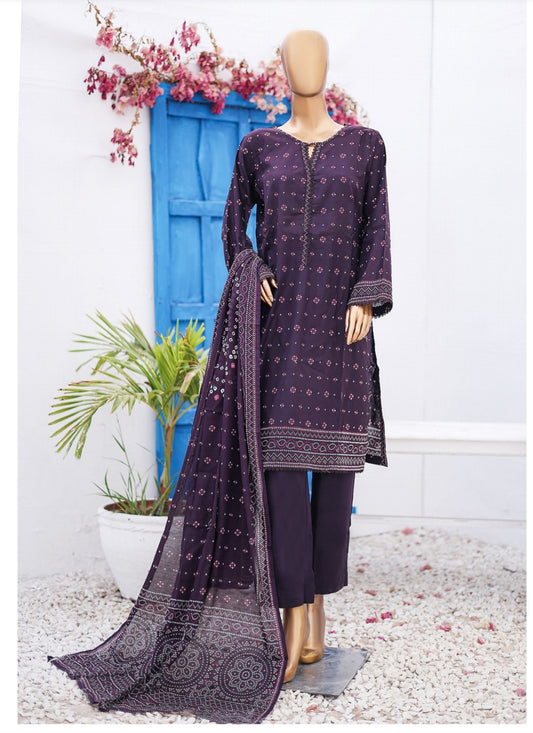 Three Piece Lawn Trouser Suit - Purple-Magenta - Bin Saeed