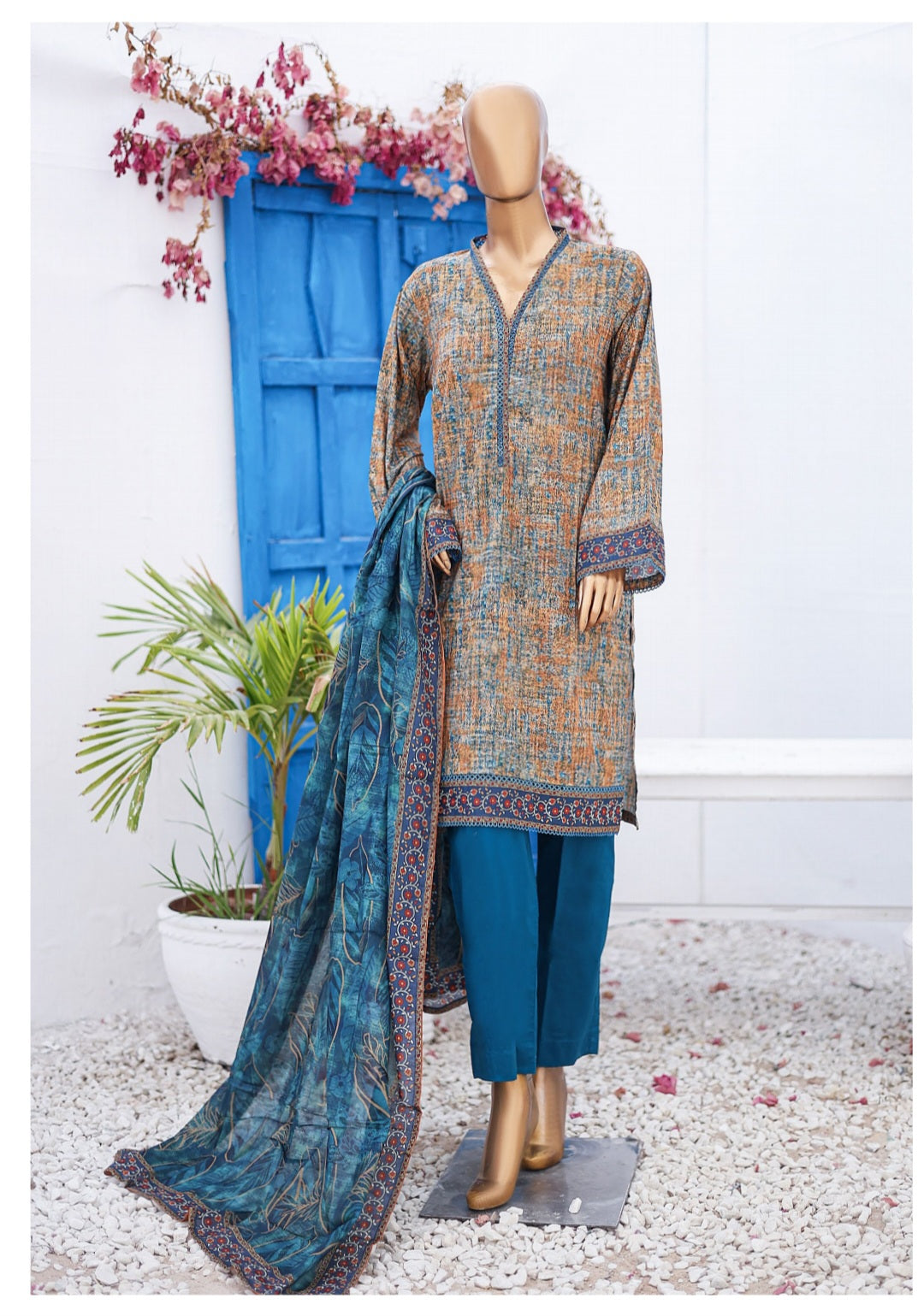 Three Piece Lawn Trouser Suit -Bluish Cyan and Taupe- Bin Saeed