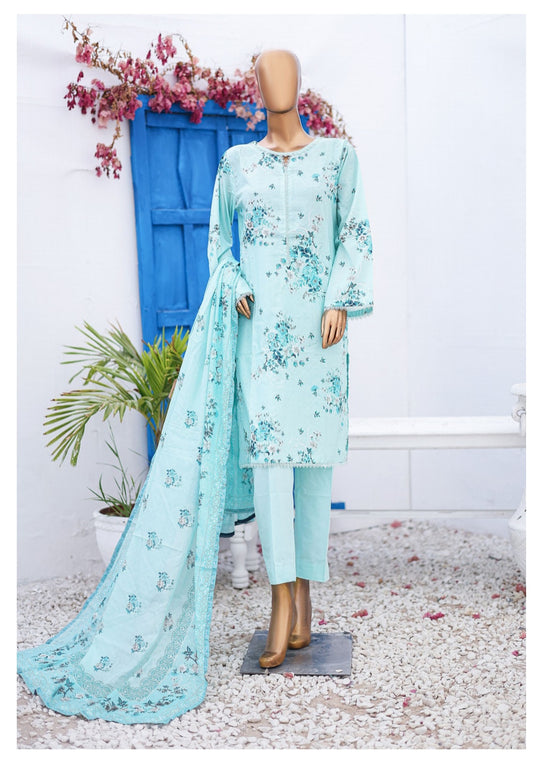 Three Piece Lawn Trouser Suit -Bluish Cyan - Bin Saeed