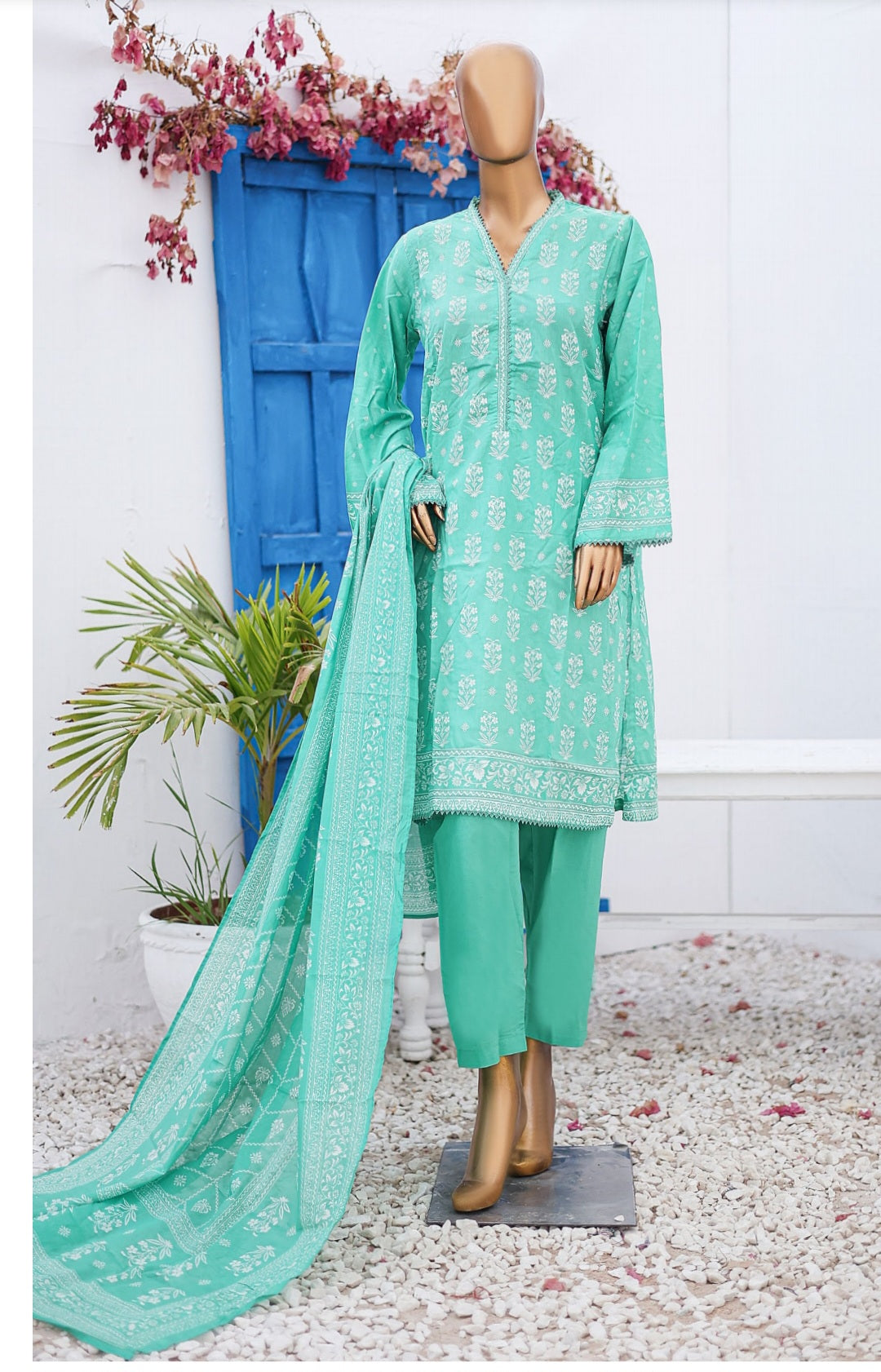 Three Piece Lawn Trouser Suit -Green - Bin Saeed