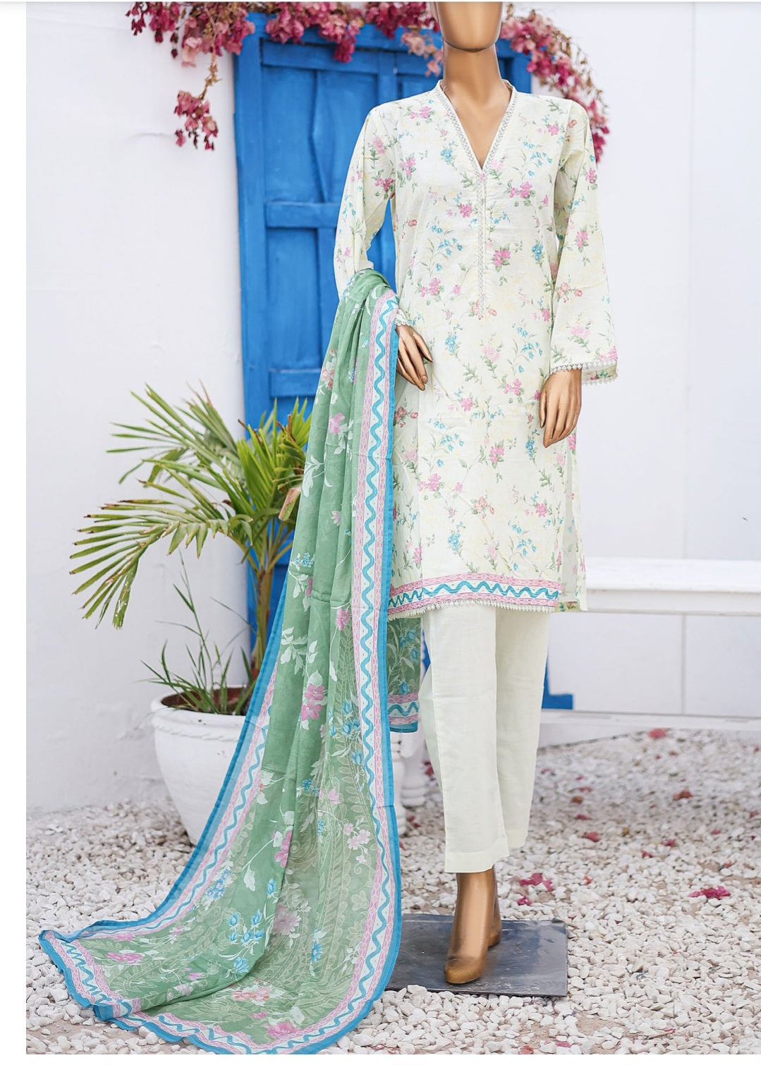 Three Piece Lawn Trouser Suit - Greenish Yellow - Bin Saeed