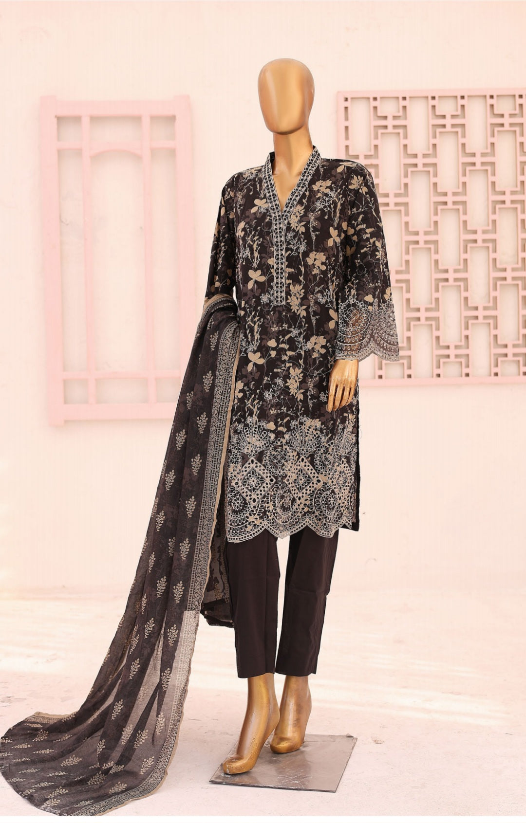 Three Piece Lawn Trouser Suit - Black - Bin Saeed