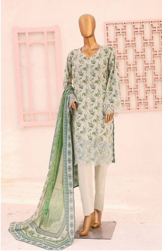 Three Piece Lawn Trouser Suit -Almond-Green - Bin Saeed