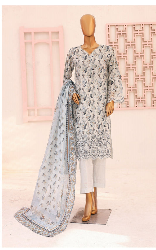 Three Piece Lawn Trouser Suit - Pastel Grey - Bin Saeed