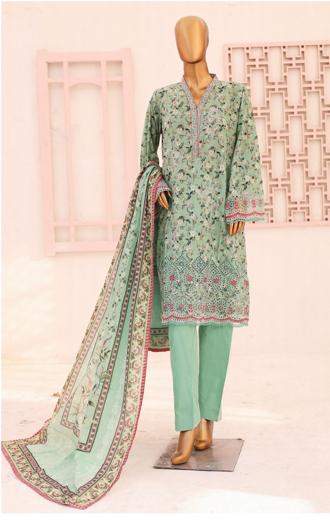 Three Piece Lawn Trouser Suit -Tealish Green - Bin Saeed