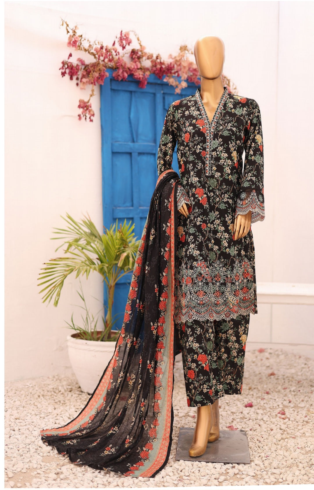 Three Piece Lawn Trouser Suit -Black - Bin Saeed