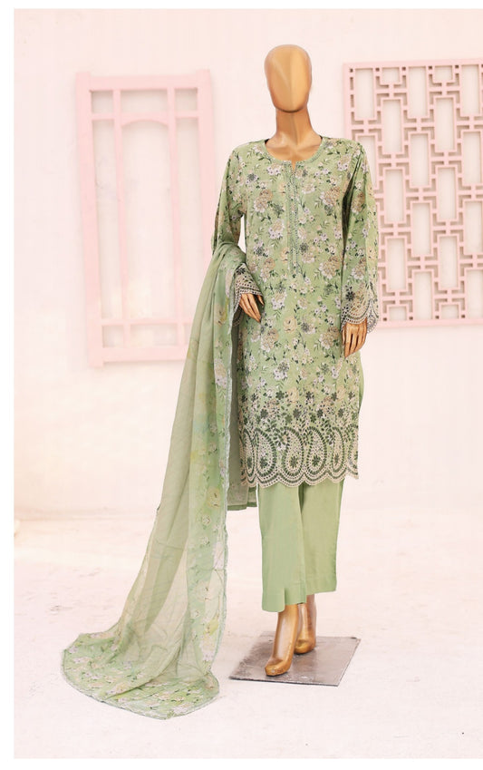 Three Piece Lawn Trouser Suit -Green - Bin Saeed