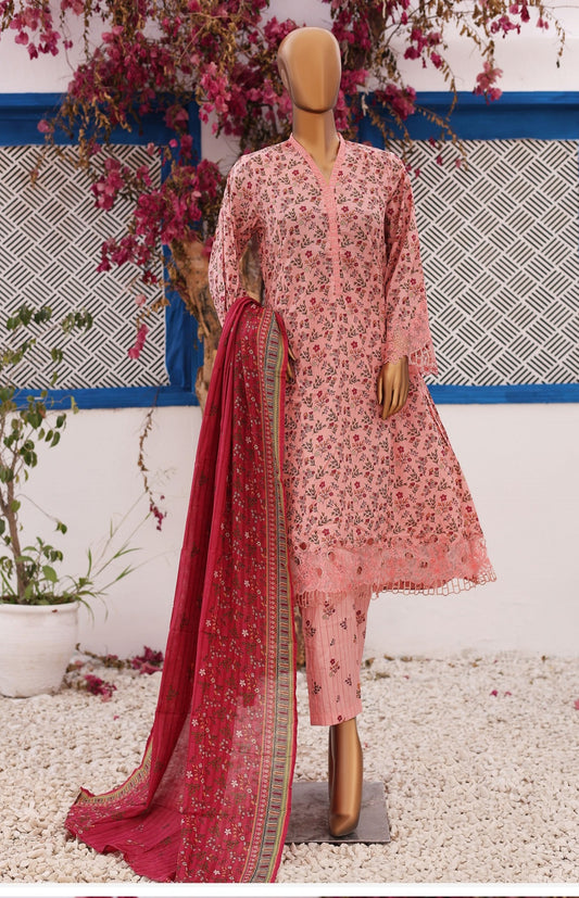 Three Piece Lawn Trouser Suit - Dusty Pink - Bin Saeed