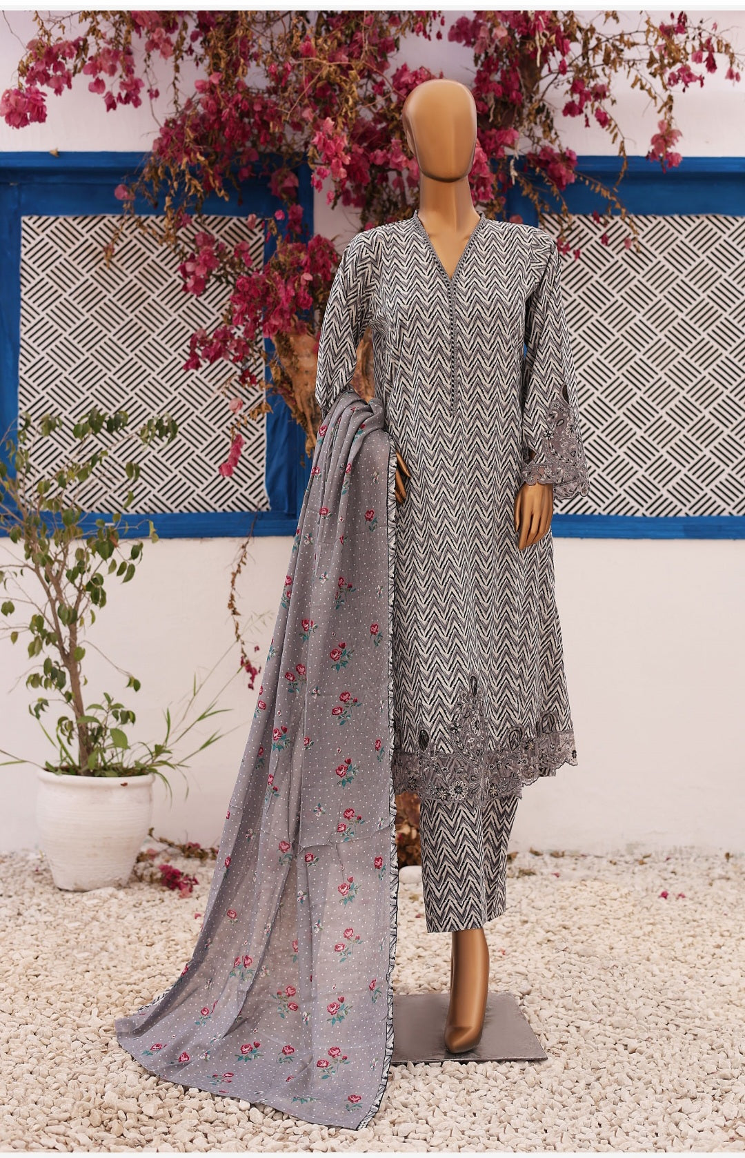 Three Piece Lawn Trouser Suit - Slate - A Line - Bin Saeed