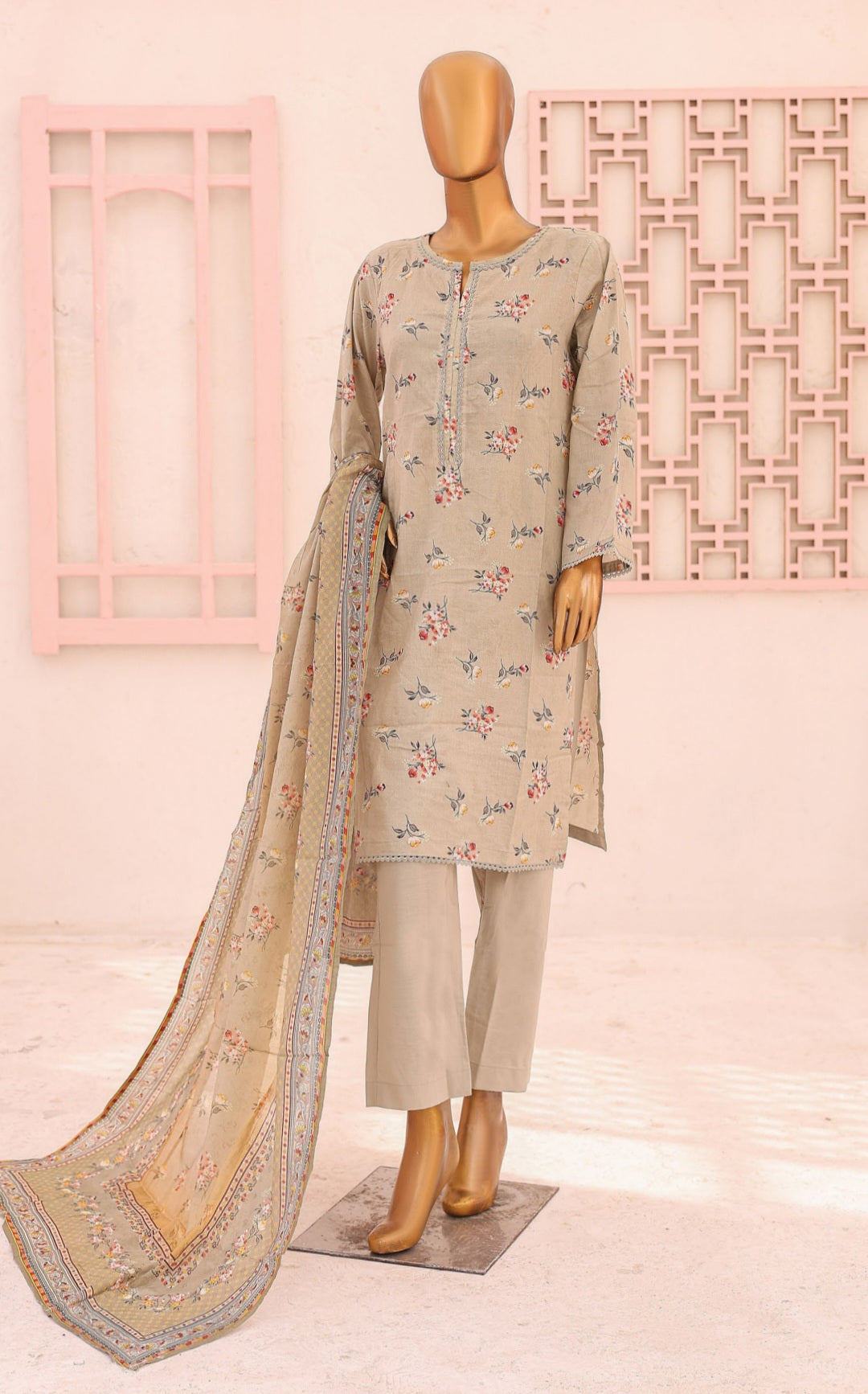 Three Piece Lawn Trouser Suit - Beige - Bin Saeed