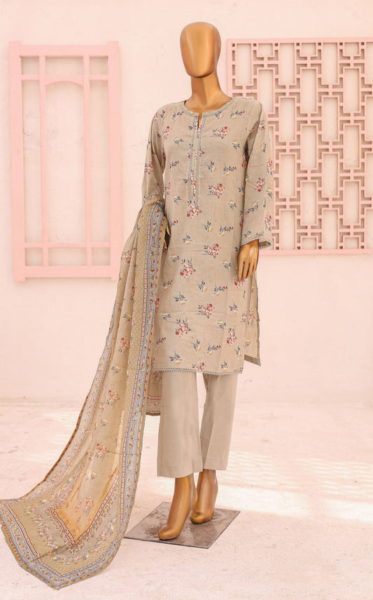 Three Piece Lawn Trouser Suit - Beige - Bin Saeed