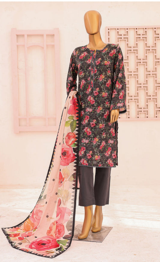 Three Piece Lawn Trouser Suit - Dark Grey - Bin Saeed