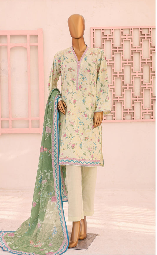 Three Piece Lawn Trouser Suit - Yellow - Bin Saeed