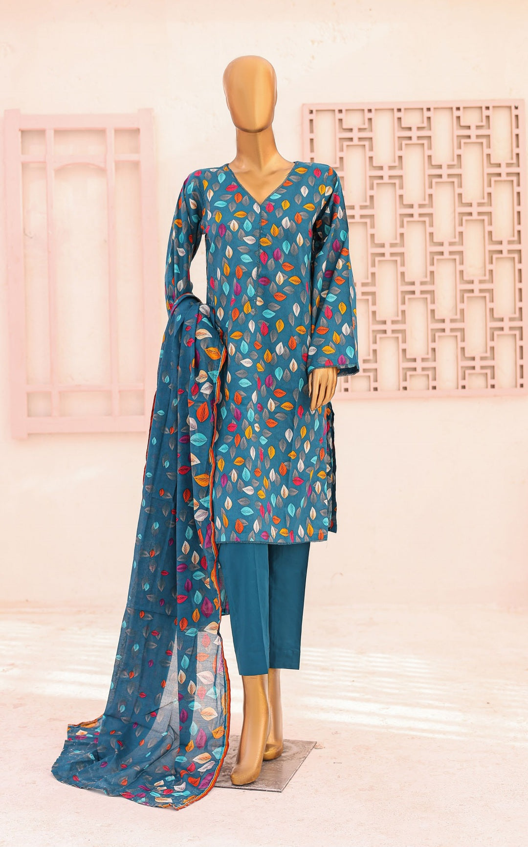 Three Piece Lawn Trouser Suit - Bluish Cayan - Bin Saeed