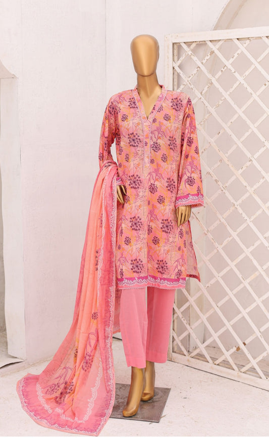 Three Piece Lawn Trouser Suit - Rose Pink - Bin Saeed