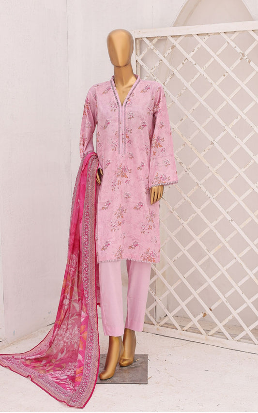 Three Piece Lawn Trouser Suit - Rose Pink - Bin Saeed