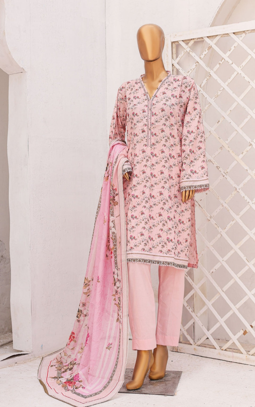 Three Piece Lawn Trouser Suit - Pink - Bin Saeed