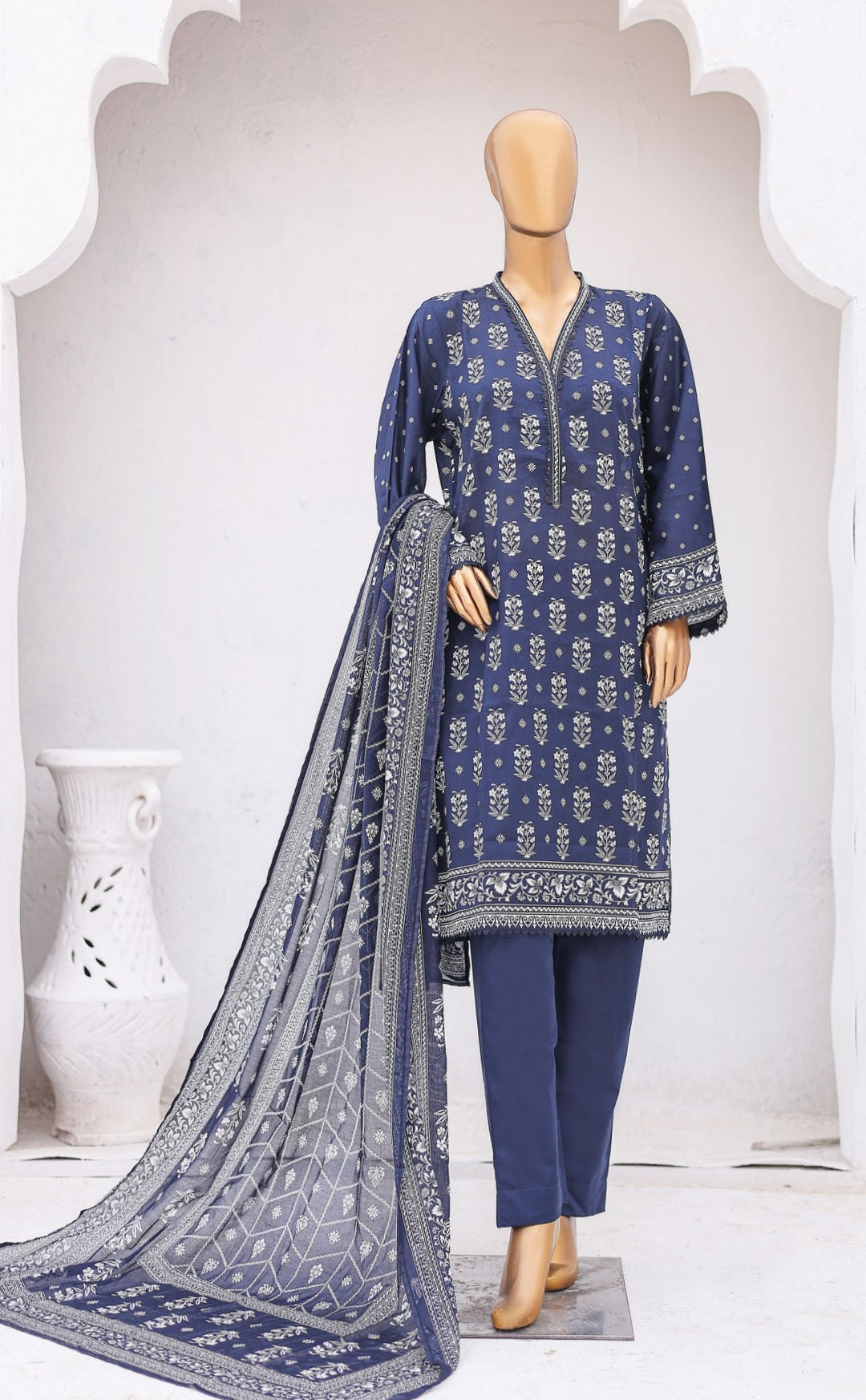 Three Piece Lawn Trouser Suit - Navy - Bin Saeed