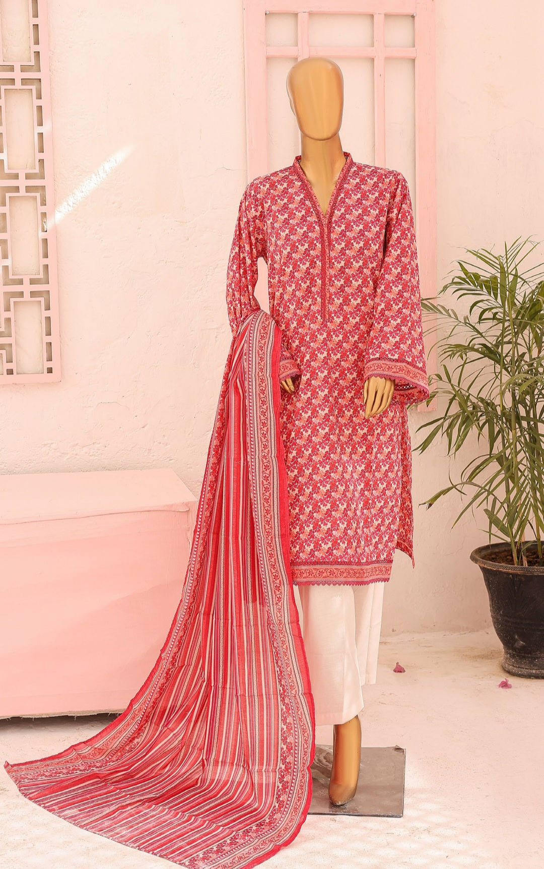 Three Piece Lawn Trouser Suit - Red - Bin Saeed