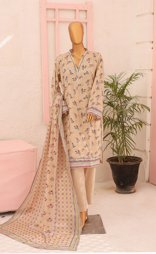 Three Piece Lawn Trouser Suit - Beige - Bin Saeed