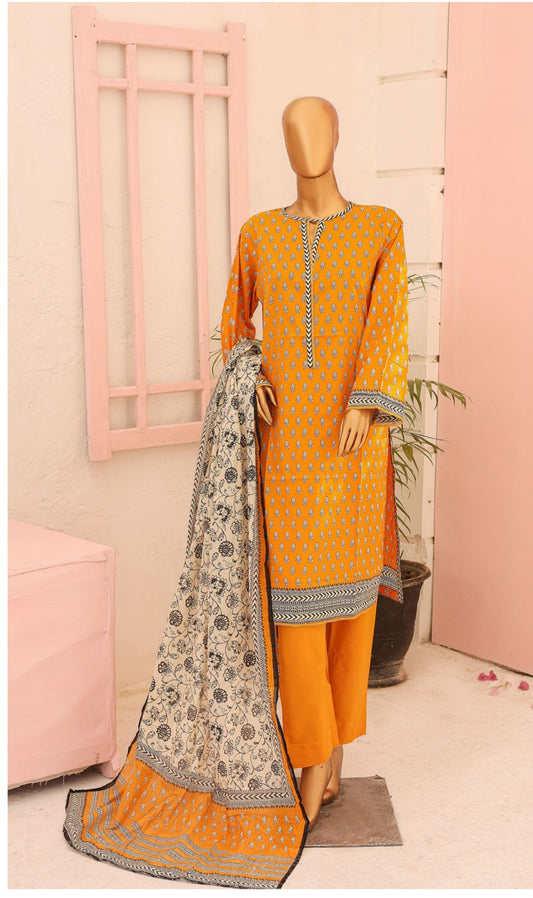 Three Piece Lawn Trouser Suit - Orange - Bin Saeed