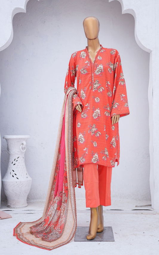 Three Piece Lawn Trouser Suit - Peach - Bin Saeed